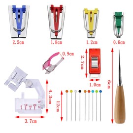 GIONAR Bias Tape Maker Set with 4 Sizes - Includes Fabric Clips, Presser Foot, Bead Head Pins and Awl - Perfect for Sewing, Quilting and Jersey - 6/12/18/25 mm Tape Maker