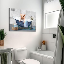 Pogusmavi Bathroom Wall Art Pig in the Bathtub Rustic Decor Interesting Bathroom Wall Decor Cute Animal artwork Art for Blue Canvas Wall Art Pictures 11''x15''