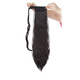 20 Inch Real Long Corn Wave Ponytail Clip in Hair Extensions Magic Paste Wavy Wrap Around Ponytail Hairpiece for Women Natural Black
