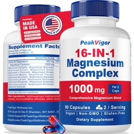 16 in 1 Magnesium Complex, 1000mg Magnesium Complex Supplement for Women with Magnesium Glycinate, Citrate, Orotate, L-Threonate, Malate, Third-Party Tested, Easy-Swallow Vegan Capsules