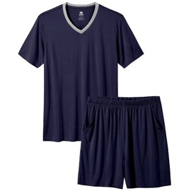 JINSHI Men V-Neck Pajama Set with Pocket Short Sleeve Nightwear 2 Pieces Comfy Pjs Sleep Lounge Set Casual Walking Home Navy,L