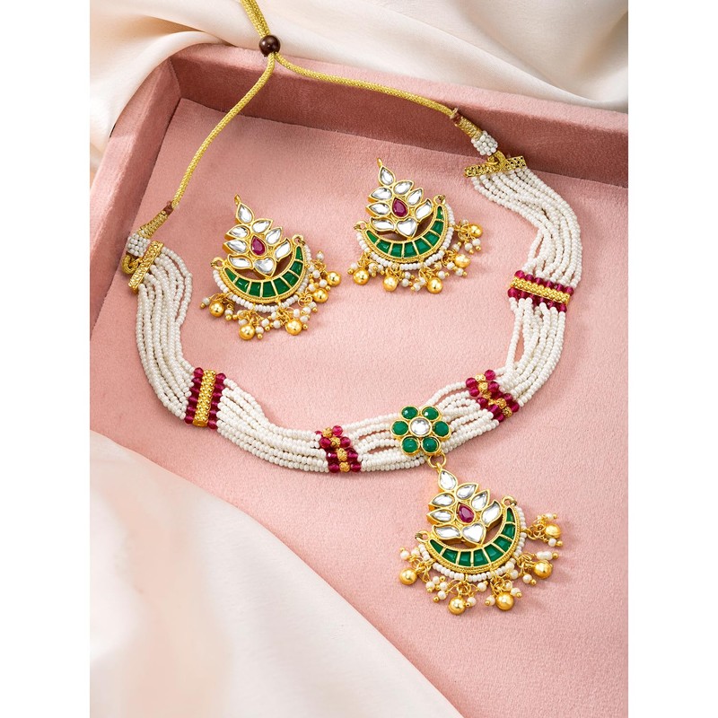 Aheli Gold Plated Rani Pink Green Kundan & Beads Studded