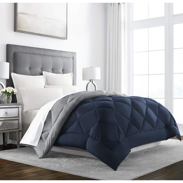 Sleep Restoration All Seasons Queen/Full Size Comforter - Reversible -  Cooling, Lightweight Summer Down Comforter Alternative - Hotel Quality Bedding Comforters - Navy/Sleet