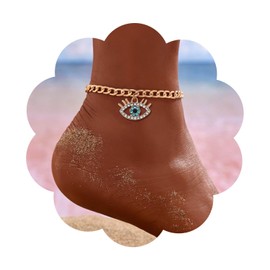 Zeshimb Evil Eye Ankle Bracelet Gold Plated Cuban Link Chain Anklet Cubic Zirconia Diamond Evil Eye Anklet Summer Beach Demon Eye Ankle Chain Turkish Lucky Foot Jewelry for Women