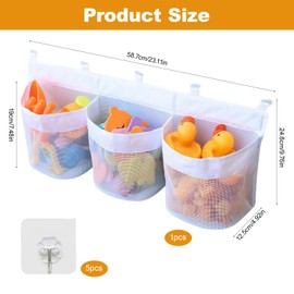 YWKJDDM Bath Toy Storage Organizer, Large Hanging Storage Holder with 3 Compartment 60cm Quick Drying Tidy Mesh Bag with 5 Sticky Hooks