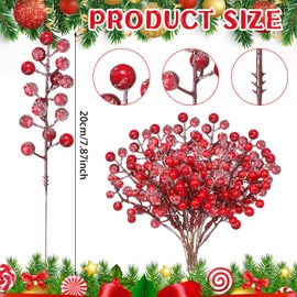 Janinka 60 Pcs Christmas Snow Frosted Artificial Berry Branches 7.87 Inch Floral Berry Picks Holly Berry Stems Berry Picks and Sprays for Xmas Tree Garland Wreath Vase Filler Decor(Red)
