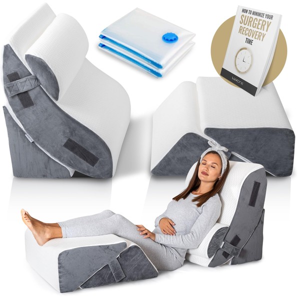 Luxone 5 Pcs Adjustable Relaxing System w/Leg Elevation Pillow - Perfect Orthopedic Pillow Set for After Surgery - Memory Foam Bed Wedge Pillows for Back Support, Pain Relief & Recovery