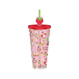 Silver Buffalo Strawberry Shortcake Plastic Cold Cup with Lid and Straw Topper Featuring Strawberry Shortcake and Custard, 24 Ounces