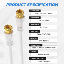 Cables Direct Online Pack of 2 x Coaxial Cables 3FT White Coax RG6 Male F Type Extension Wire Digital Audio Video for Indoor and Outdoor Satellite Dish Cable TV Antenna