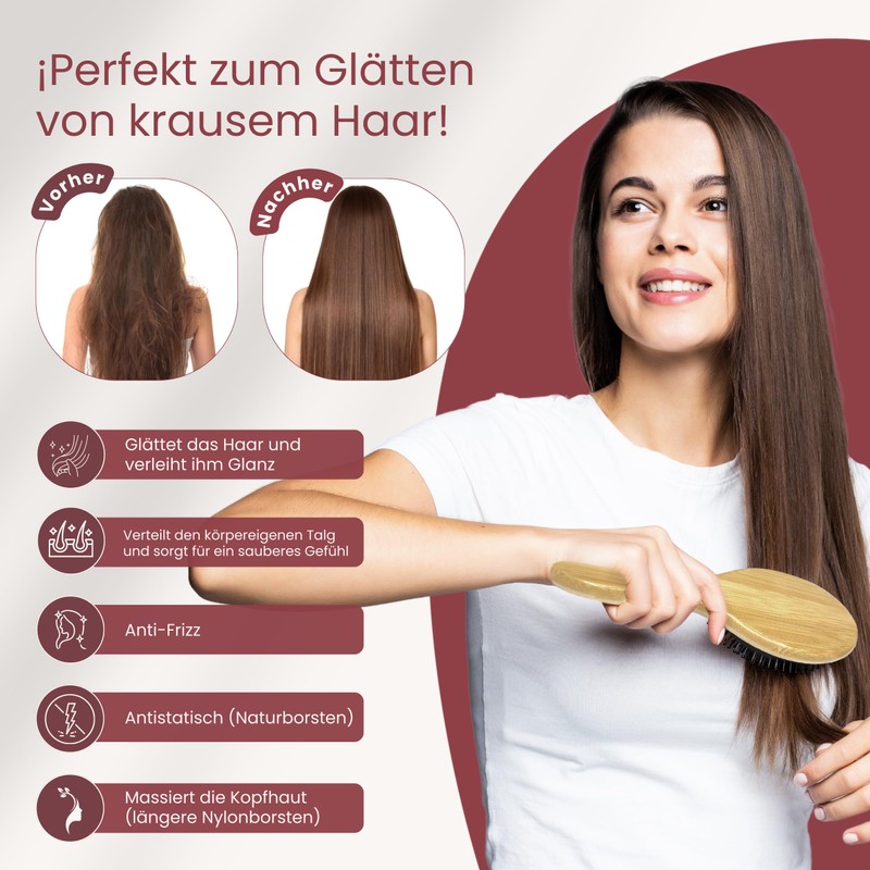 BICTIVE® Set von 2 Wildschweinborsten Bürsten mit Toupierkamm. Naturhaarbürste, Sleek