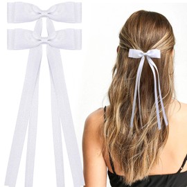 VOBOBE 2PCS Hair Bows for Women Girls, Tassel Ribbon Bowknot Hair Clips Barrettes for Girl with Small Long Tail Solid Satin Hair Accessories (Silver)