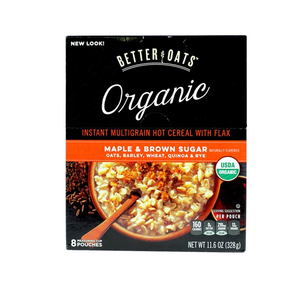 Better Oats Cereal instantáneo de arce orgánico puro y simple y azúcar café, cereal caliente multigrano instantáneo con lino 11.6 oz (8 bolsas)