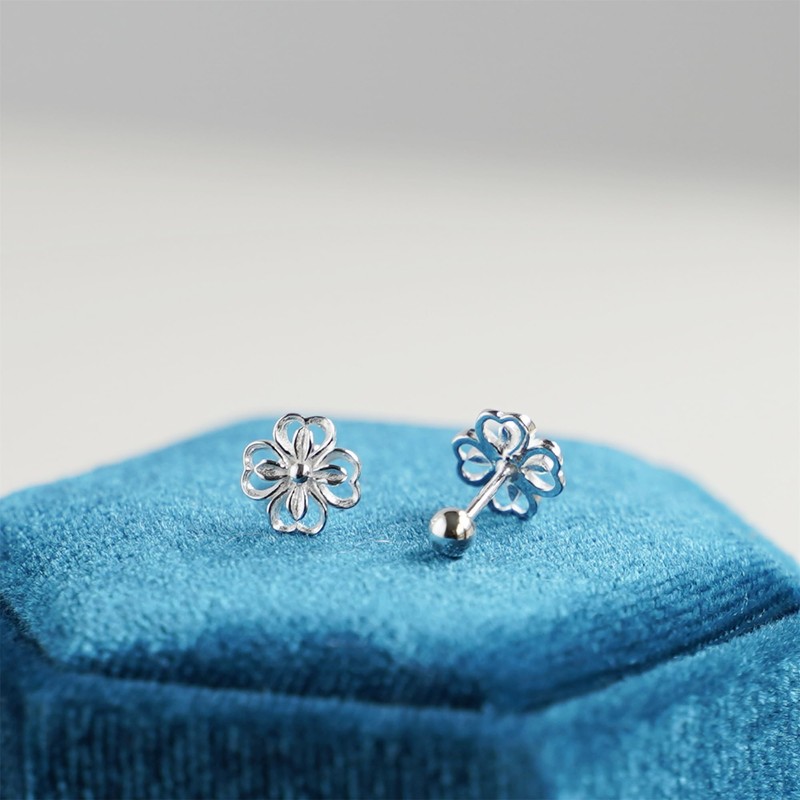 Fine Silver Lucky Four-Leaf Clover Screw Back Beaded Stud Earrings