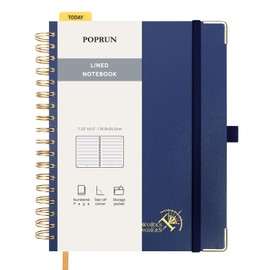 POPRUN Spiral Bullet Lined Journal Notebook, [B5 Size] - 120 Gsm Thick Paper, 220 Numbered Pages, Wirebound Notepad for Men & Women with Pocket, Index Tabs, 8 Perforated Sheets, Navy blue
