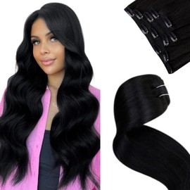 LaaVoo Black Hair Extensions Clip in Human Hair Jet Black Silky Straight Clip in Natural Human Hair Extensions Double Weft Human Hair Extensions 14inch 5Pcs 80g
