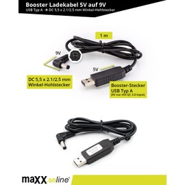 maxx.onLine® 1 m Charging Cable for Toniebox or Other Devices, DC 5V to 9V Type A to DC 5.5 x 2.1/2.5 mm Barrel Plug, DC Voltage Converter, Step Up & Boost Converter Cable