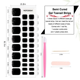 WOKOTO Semi Cured Gel Nail Strips For Toenails, 16 Size 32 Tips Black Glitter design Toe Nail Polish Strips With Nail File & Wooden Stick, Works With Lamps, Salon-Quality, Long Lasting, Easy To Use