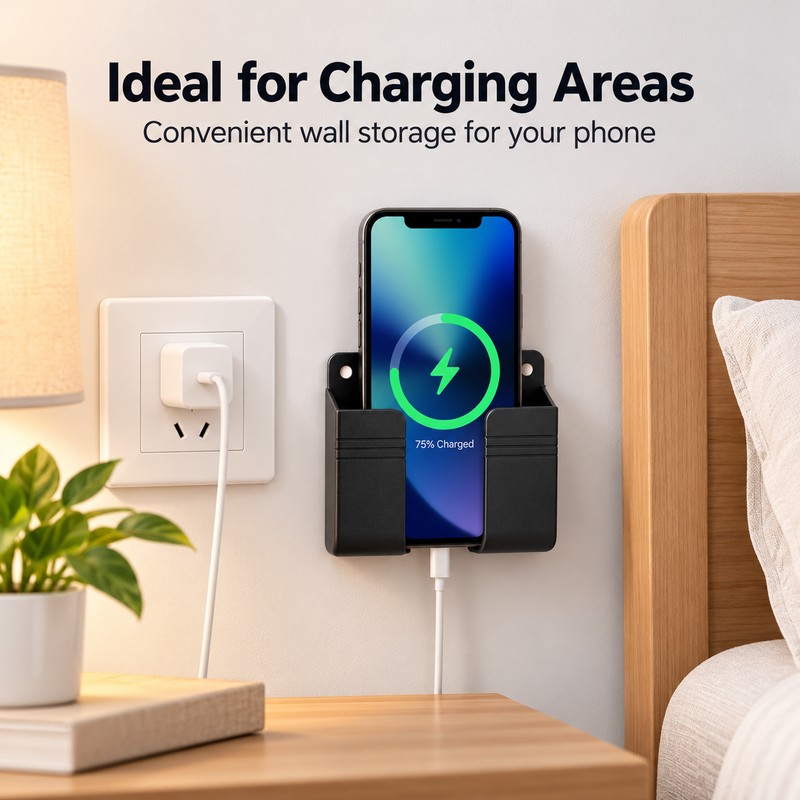 Wall-Mounted Storage Box for Remote & Phone – Punch-Free Black