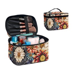 Jolamirel Mandala Floral Makeup Bag Women Travel Cosmetic Bag for Women, Boho Indian Art Mandala Dahlia Flowers Large Capacity Portable Toiletry Bags with Handle