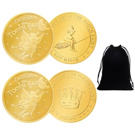 2 Pieces Tooth Fairy Gold Coins with 1 Black Velvet Storage Bag, Tooth Fairy Coin Gifts for Boys and Girls, Tooth Fairy Souvenirs for Children, Tooth Fairy Commemorative Coin Toys