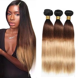 Hxxcoup Sew-in Bundles Real Hair Wefts for Sewing Human Hair Bundles Straight 1B427 Ombre Blonde Double Weft Extensions 28 30 32 Inches with Minimal Smell Minimal Tangle 100 g/pc for Women