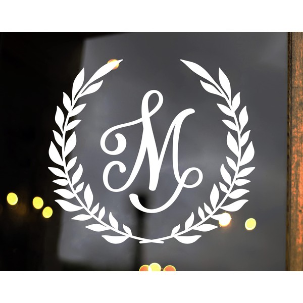 Monogram Letter in Laurel Wreath Vinyl Decal - Script Scroll