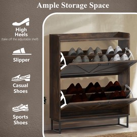 MISHAO Shoe Storage Cabinet with 2 Flip Drawers, Narrow Hidden Shoe Cabinet with Metal Legs & Adjustable Shelf, Freestanding Slim Shoe Rack Organizer for Entryway, Rustic Brown