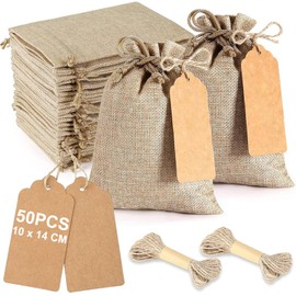 Dskria - 50PCS Bolsas de Arpillera con Cordón, Bolsas de Lino para Regalo, Bolsas de Arpillera para Joyeria, Bolsas de Yute para Dulces, Recuerdos, Cumpleaños, Fiestas, Regalos de Boda (10 x 14cm)
