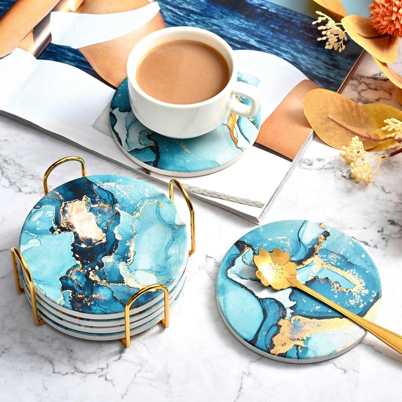 CoColemon Light Blue Thirstystone Coasters Set of 6, Marble Abstract