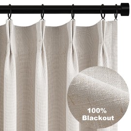 Topfinel Pinch Pleated Curtains 96 Inch Long, 100% Blackout Thermal Insulated Natural Linen Pinch Pleat Viral Drapes with Hooks Rings 2 Panel Sets, Neutral Oatmeal Ivory 8FT Back Tab Window Curtains
