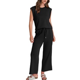 SAMPEEL Two Piece Set for Women Casual Lounge Sets Summer Outfits Matching Sets Women Clothing Business Casual Vacation Travel Outfits Wide Leg Crop Pants Set Black 2025 XL