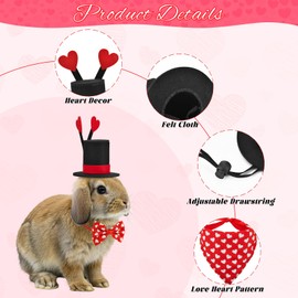 Vehomy Small Pet Valentine's Day Costume for Bunny Guinea Pig Valentines Day Rabbit Top Hat with Red Love Heart Décor Rabbit Valentines Bow Bandana Small Animal Bow Collar Scarf 4Pcs S