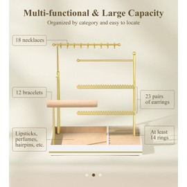 Emibele Jewelry Holder, Jewelry Organizer Stand Necklace Earrings Bracelet Holder, 5 Tier Jewelry Display Tower Rack with Metal Frame and Velvet Ring Tray, Aesthetic Jewelry Stand Gift for Women, Gold
