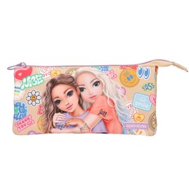 Depesche TOPModel Girl Power 13287 Pencil Case in Beige with Model Motif and Colourful Batches, Pencil Case with 3 Inner Compartments