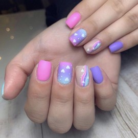 24Pcs Triple Gradient Color Press on Nails Rainbow Stripe Fake Nails Square Glue on Nails Valentine’s Day Acrylic Nails Cute Full Cover False Nails Glossy Stick on Nails Artificial Nails for Women