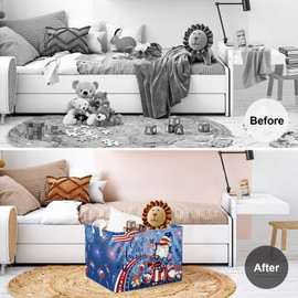 Clastyle Memorial Day Land of The Gift Basket Retro America Flag Patriotic 4th July Storage Bin Baby Toy Book Shelf Basket Beach Clothes Towel Basket, Fireworks Gnome, 40*30*30 cm