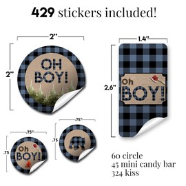 Oh Boy! Outdoorsy Blue and Black Plaid Lumberjack Boy Baby Shower Sticker Bundle Kit - 429 pieces!!! Includes 60 2" Circle Stickers for Favors & Goodie Bags, 45 Mini Candy Bar Wrappers & 324 Round