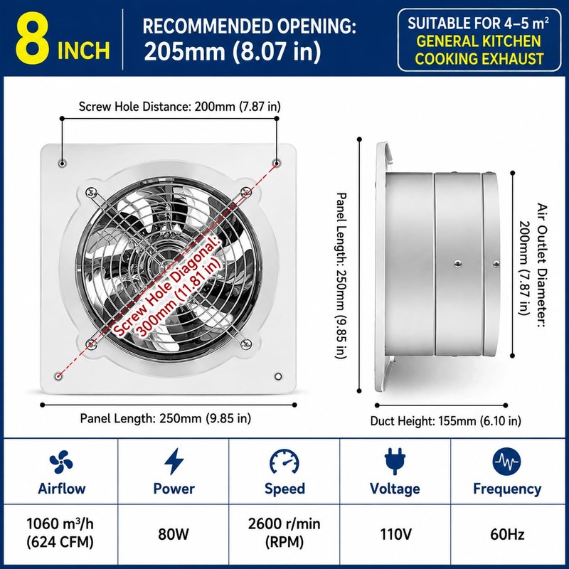 8 Inch Exhaust Fan, 110V 40W Wall Mounted Ventilation Fan