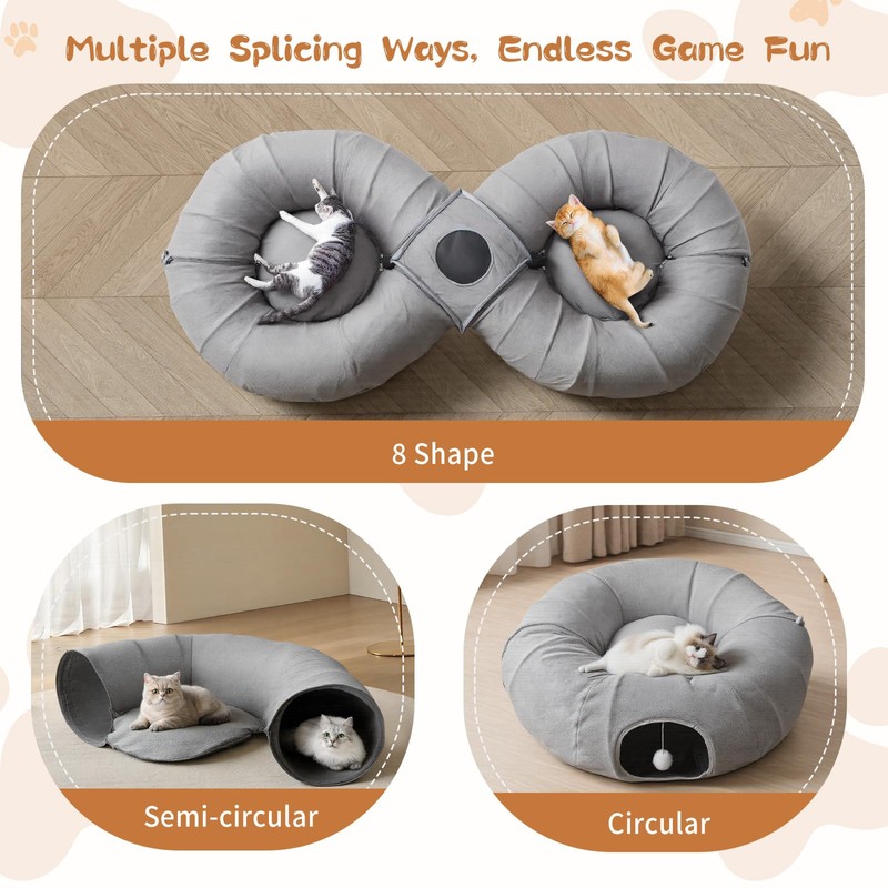 Pawaboo 2-in-1 Cat Tunnel Bed for Indoor Cats, 8-Shaped Large