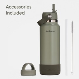 Seallama. Stainless Steel Wide Mouth Water Bottle - 2 Lids (Flex Straw Lid) and Double-Wall Vacuum Insulation - Leak Proof, BPA-Free, for Travel, Sports, School, and Car (Forest Green, 40 oz)