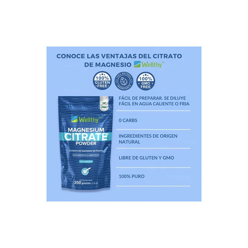 Citrato De Magnesio En Polvo Sin Sabor 250gr Wellthy