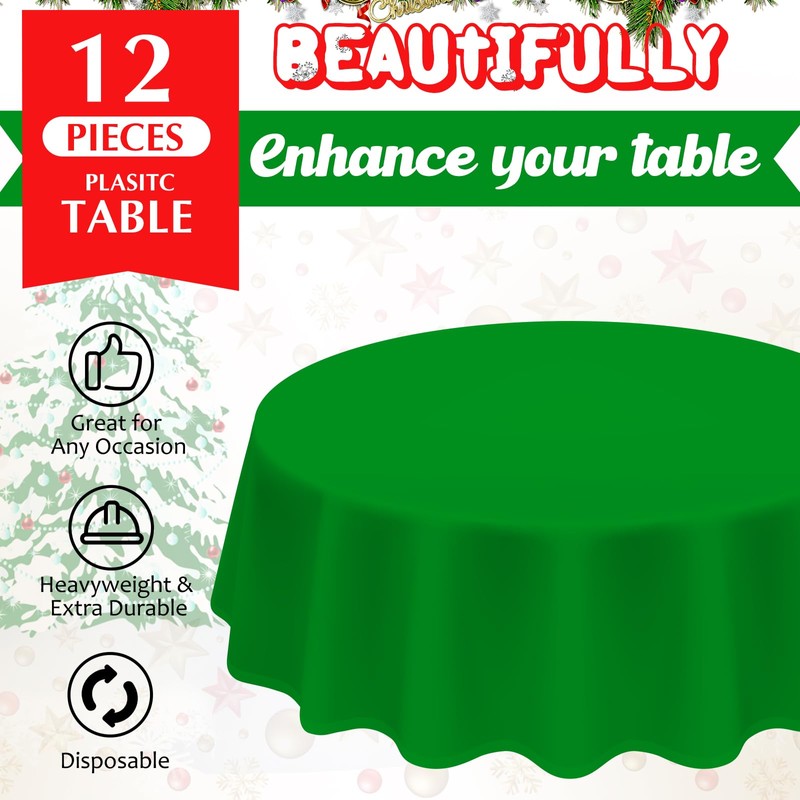 Amylove 12 Pcs Christmas Plastic Tablecloth 84 Inch Round Disposable