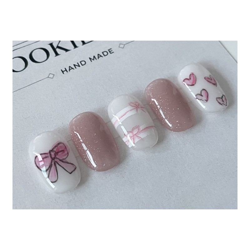 ⭐️ [Heart Bean Pink Magnet Ribbon Nail] ⭐️ - Almond