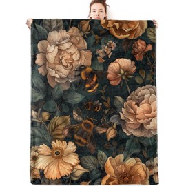 olpddz Vintage Bee and Floral Flannel Blanket Gifts for Nature Lover,60x50inch,Bumblebee and Flower Throw Blankets with Dark Botanical Background,for Bedroom,Sofa,Living Room,Camping Decor Throws