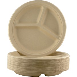 Restaurant-Grade Biodegradable 9 Inch 3-Compartment Plate. Bulk 50 Pk. Great for Lunch and Dinner Parties. Disposable, Compostable Wheatstraw Divided Plates are Leakproof and Microwave Safe.