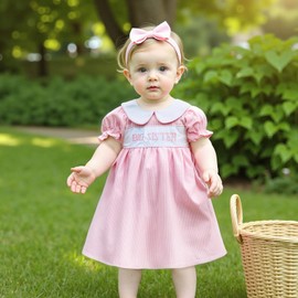 Baby Girls Little Sister Big Sister Matching Outfits Newborn Baby and Toddler Peter Pan Collar Short Puff Sleeve Matching Summer Dresses Gingham Baby Grow (Gingham Big Sister Rose, 3-4 Years)