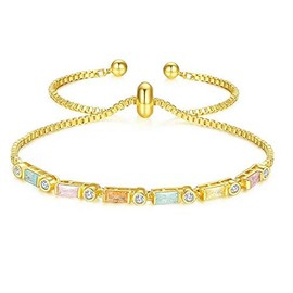 RIZILIA Emerald Cut Multi-color Cubic Zirconia CZ 18K Yellow Gold Plated Adjustable Tennis Bracelet