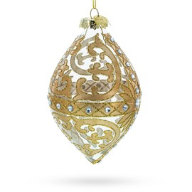 Gold Scroll with Jewel Accents Elegant Rhombus Finial Blown Glass Christmas Ornament