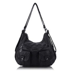 Angel Barcelo Women Multifunctional Soft Leather Handbag Purses Shoulder Hobo Backpack Crossbody Zipper Bag with Pocket (Black)