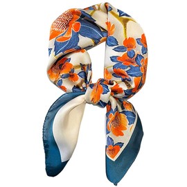 First Choose Fashion and Elegant Silk Feeling Scarf Square Satin Retro Style Sunscreen Head Scarf for Women 27.5" × 27.5", Beige-blue, 70*70 cm